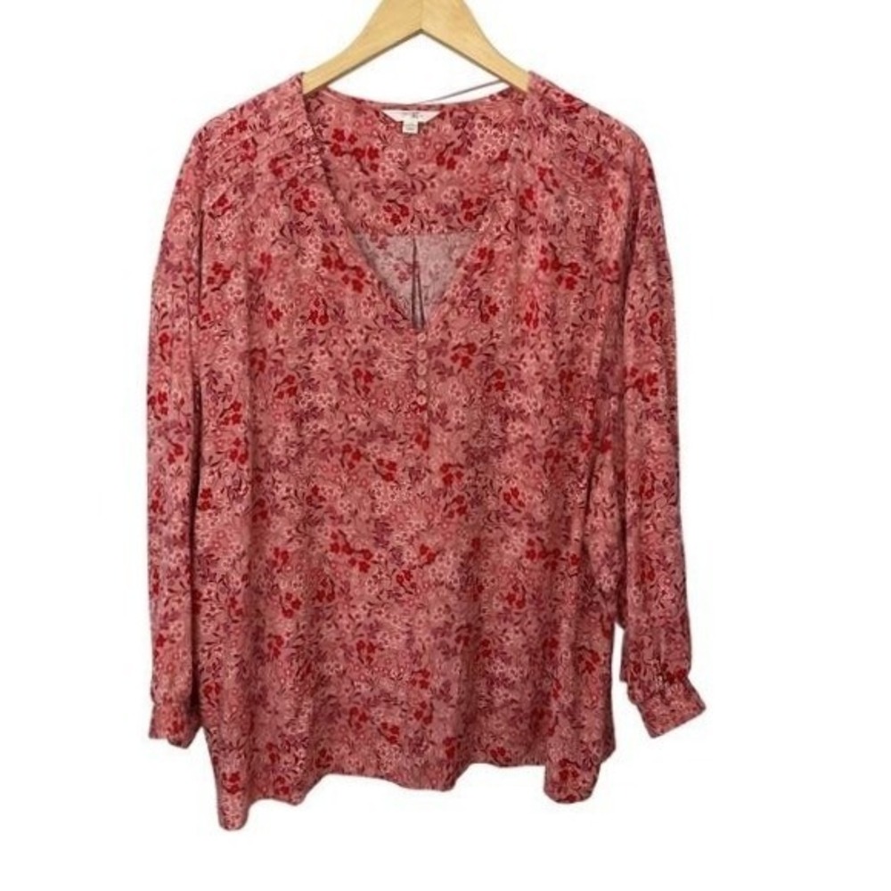 Terra & Sky Boho Peasant Blouse Womens 1X Pink Red Ditsy Floral V Neck Popover